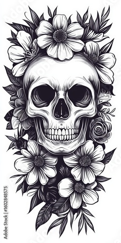 Tattoo design: a skull with flowers surrounding it, in grayscale