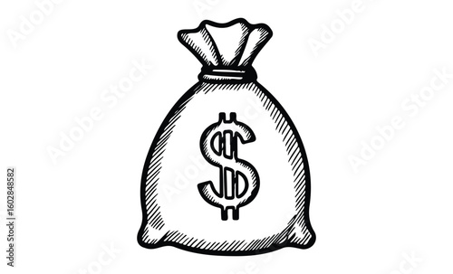 Sketchy money bag with dollar sign illustration on white background. Vector retro hand drawn illustration.