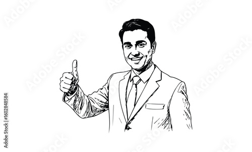 Smiling man giving a thumbs up in a business suit. Vector retro hand drawn illustration.
