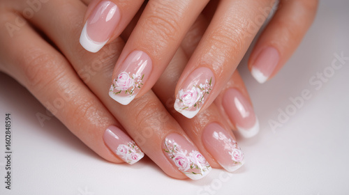 Close up of hands with french manicure and floral nail art on white background