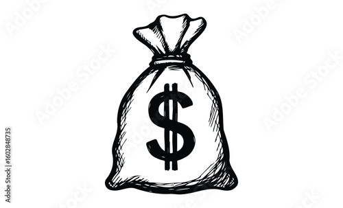 Black and white dollar sign on money bag sketch. Vector retro hand drawn illustration.