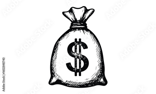 Black and white sketch of a money bag with dollar sign symbol. Vector retro hand drawn illustration.