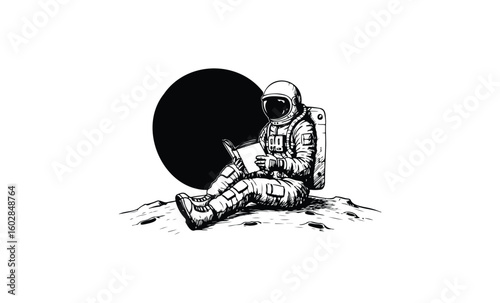 Astronaut reading on moon landscape with black planet in background. Vector retro hand drawn illustration.