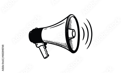 Hand-drawn megaphone illustration with sound waves on white background. Vector retro hand drawn illustration.