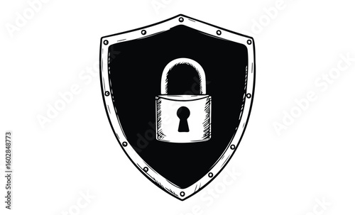 Black and white shield with lock symbolizing security and protection. Vector retro hand drawn illustration.
