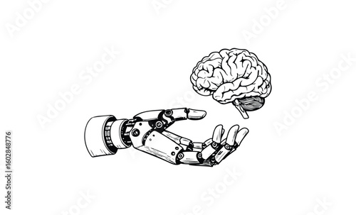 Robot hand and brain: conceptual art of artificial intelligence and human mind interaction. Vector retro hand drawn illustration.