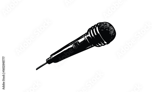 Monochrome drawing of a classic microphone on white background. Vector retro hand drawn illustration.