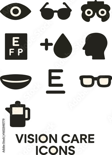 Eye and Vision Care Icon Set Featuring Eyeglasses, Contact Lenses, Optometry Tools, Eye Charts, and Visual Health Elements

