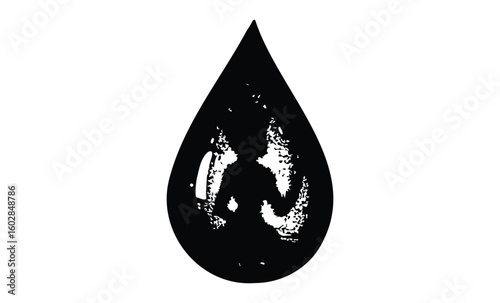 Black ink drop silhouette with textured details on white background. Vector retro hand drawn illustration.