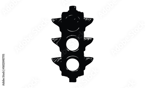Black and white sketch of traffic light with circular signals and three sections. Vector retro hand drawn illustration.