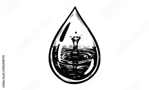 Monochrome water droplet with splash inside teardrop shape design. Vector retro hand drawn illustration.
