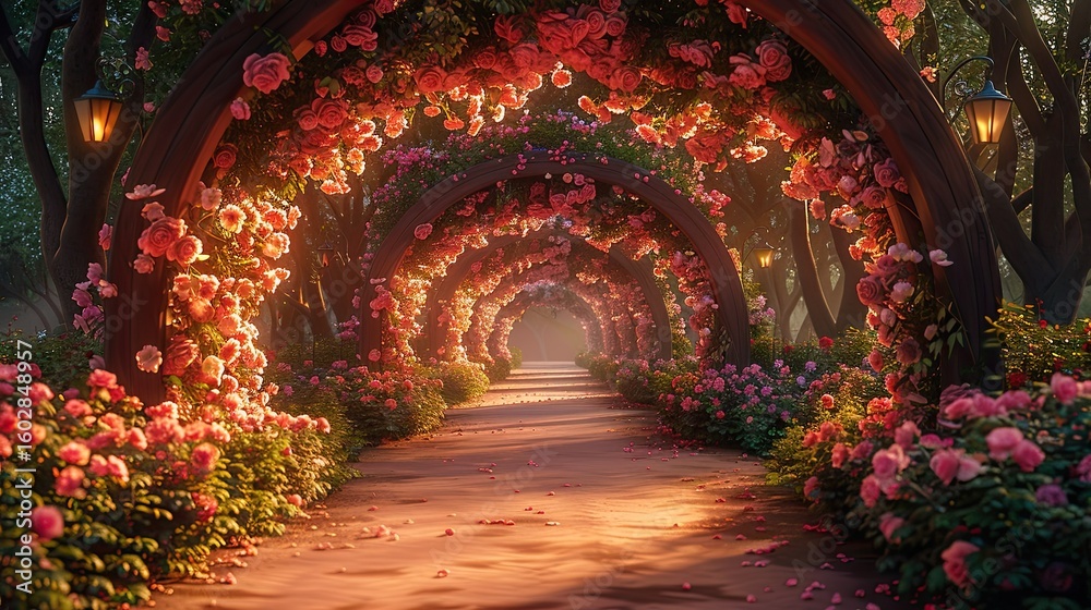 Fototapeta premium Enchanting Rose Archway: A Romantic Pathway to a Dreamlike Destination