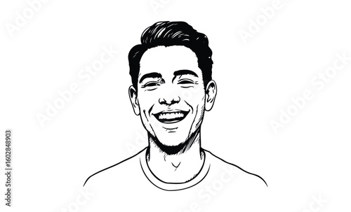 Illustrated smiling young caucasian male in t-shirt on white background. Vector retro hand drawn illustration.
