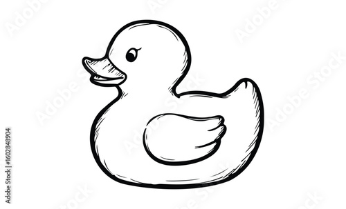 Black and white sketch of a smiling rubber duck illustration. Vector retro hand drawn illustration.