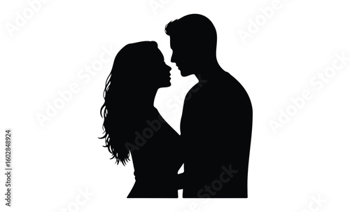 Silhouette of romantic couple embracing. Vector retro hand drawn illustration.