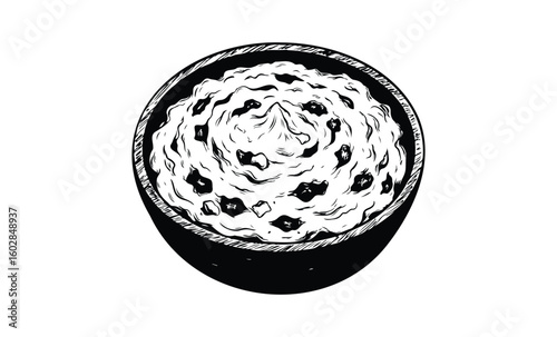 Black and white illustration of chocolate chip cookie in bowl. Vector retro hand drawn illustration.