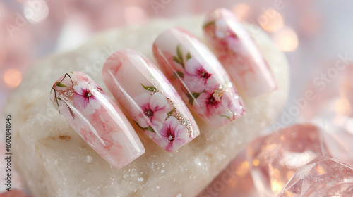 Close up of four fingernails with pink floral designs on a white stone surface