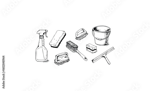 Hand-drawn cleaning tools: spray bottle, scrub brushes, bucket, squeegee, sponges. Vector retro hand drawn illustration.