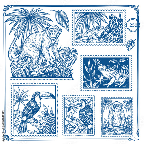 Photography Blue ink illustration of jungle animals and plants in postage stamp format monke
