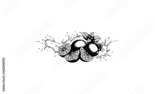 Monochrome citrus splash with oranges, lemons, and mint. Vector retro hand drawn illustration.