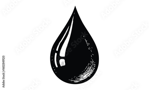 Black ink drop: artistic monochrome teardrop shape design. Vector retro hand drawn illustration.