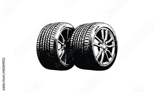 Detailed black and white illustration of two car tires with rims. Vector retro hand drawn illustration.