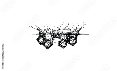 Ice cubes splashing into water with dynamic movement and droplets. Vector retro hand drawn illustration.