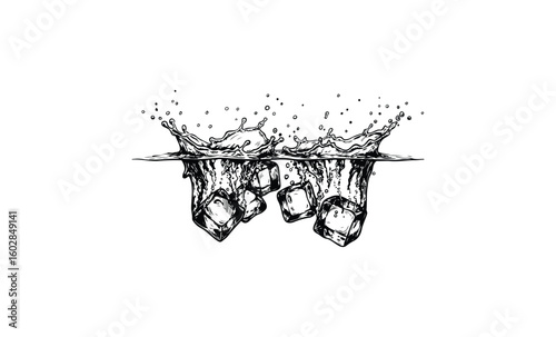 Splashing ice cubes in water with dynamic movement and ripples. Vector retro hand drawn illustration.