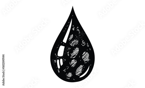 Black and white dotted raindrop illustration on white background. Vector retro hand drawn illustration.