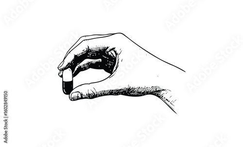 Sketch of hand holding a capsule pill in a pinch gesture. Vector retro hand drawn illustration.