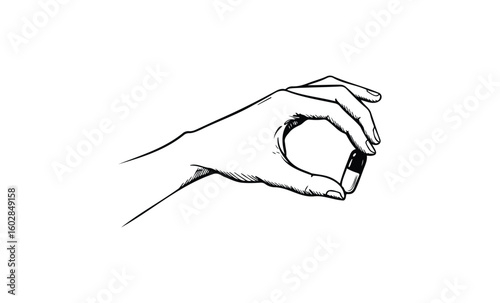 Hand holding a capsule pill in black and white illustration. Vector retro hand drawn illustration.