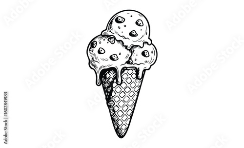 Hand-drawn ice cream cone with triple scoop and chocolate chips in black and white. Vector retro hand drawn illustration.