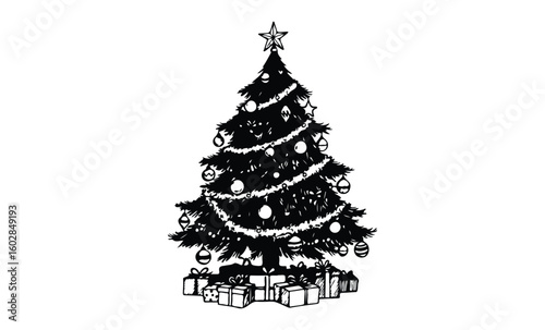 Elegant christmas tree decorated with ornaments and wrapped gifts in black and white silhouette. Vector retro hand drawn illustration.