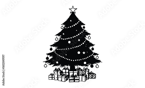 Black and white christmas tree with ornaments and gifts. Vector retro hand drawn illustration.