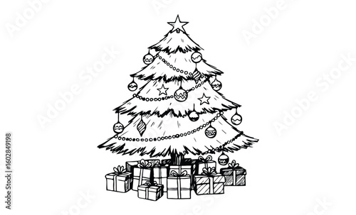 Decorated christmas tree with ornaments and gifts in black and white sketch. Vector retro hand drawn illustration.