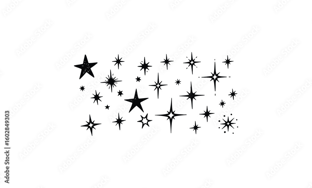 Obraz premium Assorted black starbursts and sparkles on white background. Vector retro hand drawn illustration.