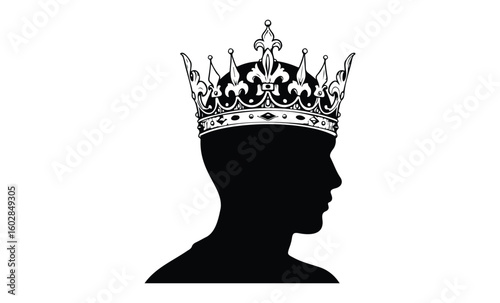 Silhouette of male wearing an ornate crown in profile view. Vector retro hand drawn illustration.