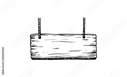 Hand-drawn wooden hanging signboard with rope on white background. Vector retro hand drawn illustration.