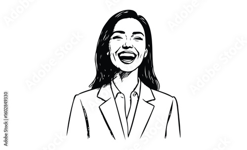 Black and white sketch of smiling asian female professional in suit. Vector retro hand drawn illustration.