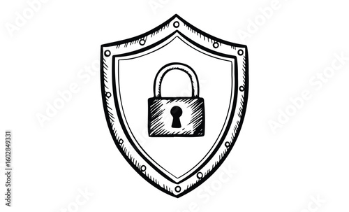 Hand-drawn security shield with padlock icon symbolizing protection and safety. Vector retro hand drawn illustration.