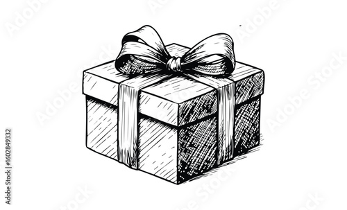 Hand-drawn gift box with ribbon: classic black and white style. Vector retro hand drawn illustration.