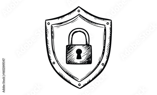 Hand-drawn security illustration featuring shield with padlock symbol. Vector retro hand drawn illustration.