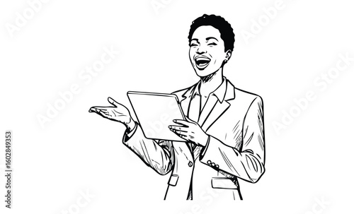 African adult female leader reading tablet and gesturing confidently. Vector retro hand drawn illustration.