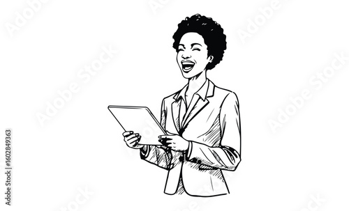 Smiling african female adult in business attire holding tablet. Vector retro hand drawn illustration.