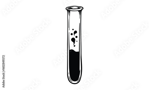 Monochrome artistic test tube with liquid bubbles icon design. Vector retro hand drawn illustration.