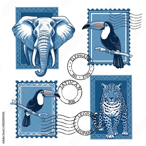 Blue toned illustration of an elephant toucans and leopard on postage stamps with postmarks vector