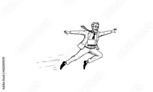 Caucasian male adult in suit running with briefcase. Vector retro hand drawn illustration.