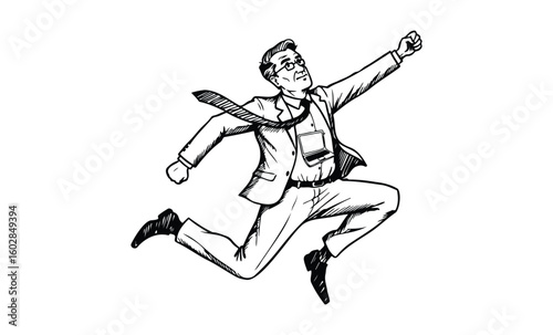 Energetic caucasian male adult in suit leaping with joyful expression. Vector retro hand drawn illustration.