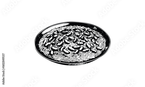 Black and white illustration of beans and rice in a bowl. Vector retro hand drawn illustration.
