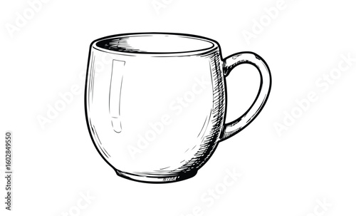 Hand-drawn mug illustration with handle on white background. Vector retro hand drawn illustration.